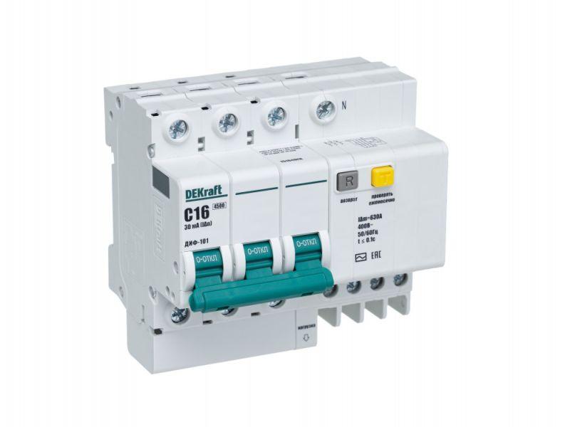выключатель автоматический дифференциального тока 4п (3p+n) c 16а 30ма тип ac диф-101 со встроен. защитой от сверхтоков dekraft 15184dek от BTSprom.by
