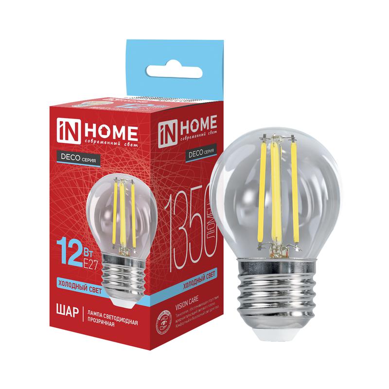 лампа светодиодная led-шар-deco 12вт шар прозрачная 6500к e27 1350лм 230в in home 4690612063355 от BTSprom.by