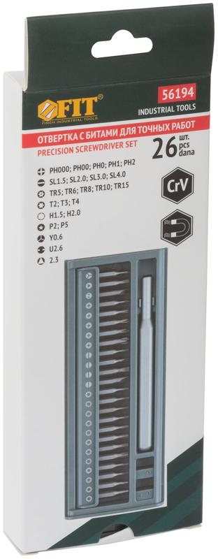  Отвертка с битами для точных работ 24 CrV бит пластиковый бокс FIT 56194 фото в каталоге от BTSprom.by