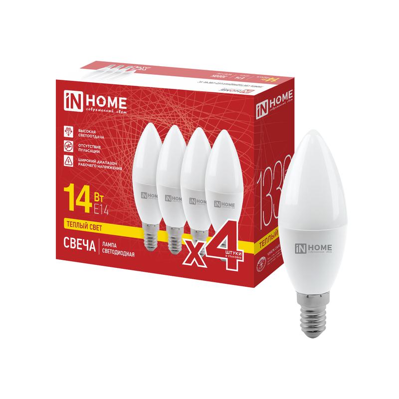 лампа светодиодная led-свеча-vc 4pack 14вт свеча 3000к e14 1330лм 230в (уп.4шт) in home 4690612063119 от BTSprom.by
