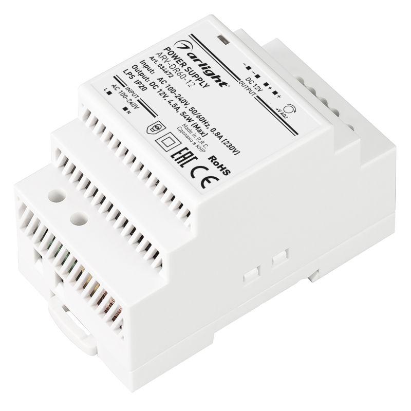блок питания arv-dr60-12 12в 4.5а 54вт ip20 din-рейка arlight 034672 от BTSprom.by
