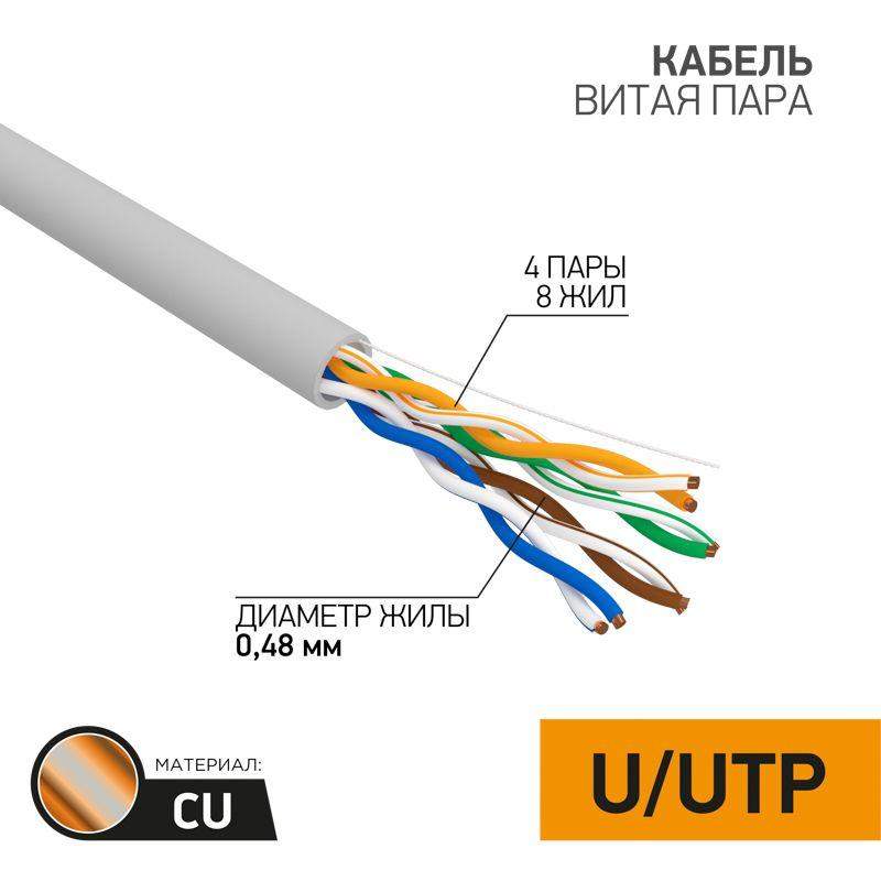 кабель витая пара u/utp кат.5e 4х2х24awg cu медь 100мгц pvc сер. (уп.100м) proconnect 01-0052-100 от BTSprom.by