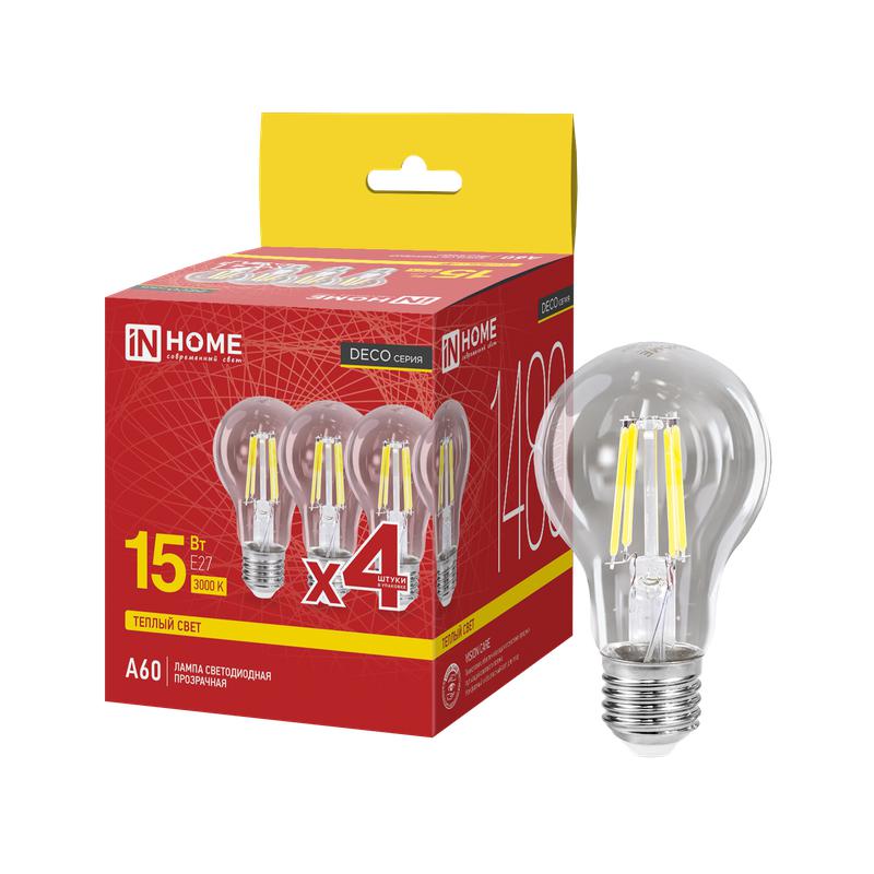 лампа светодиодная led-a60-deco 4pack 15вт прозрачная 3000к e27 1480лм 230в (уп.4шт) in home 4690612063201 от BTSprom.by
