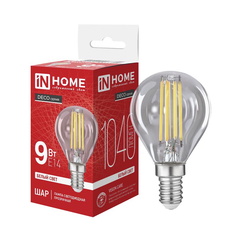 лампа светодиодная led-шар-deco 9вт шар прозрачная 4000к e14 1040лм 230в in home 4690612063324 от BTSprom.by