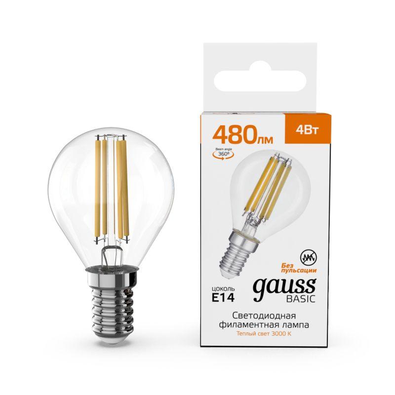 лампа светодиодная филаментная basic filament 4вт шар 3000к e14 480лм gauss 50512142 от BTSprom.by
