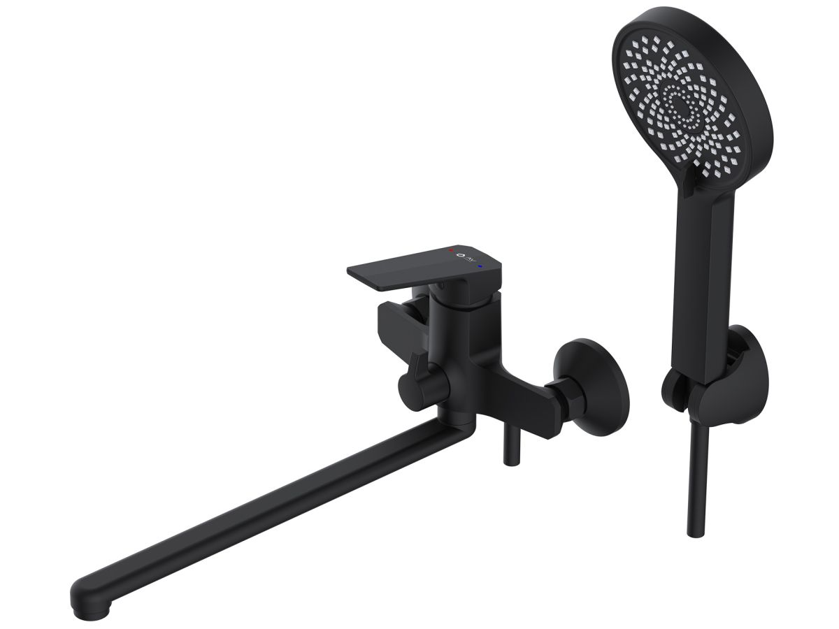 смеситель для ванны (lt) d35, серия win (black) av engineering (длинный l-излив, длина 323 мм, лейка и шланг в комплекте, поворотный) avwin7-bl165-122 от BTSprom.by