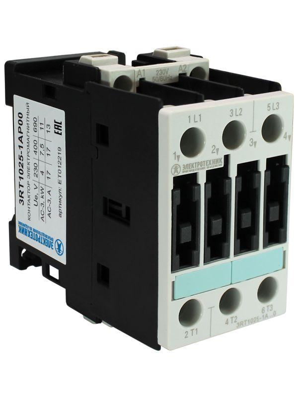 контактор электромагнитный 3rt1025-1ap00 3п 17a кат. 230в ac 50гц ip20 ac-3 7.5квт 400в типоразмер s0 винтов. клеммы электротехник et012219 от BTSprom.by