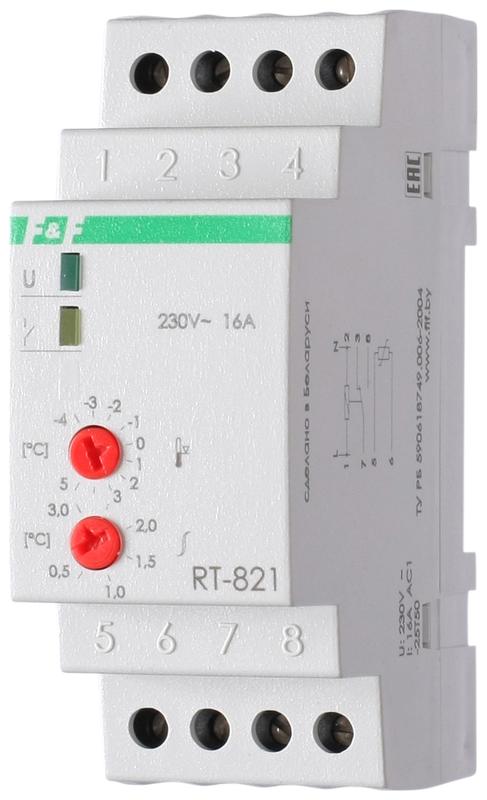 регулятор температуры rt-821 (от -4 до +5 град.c; с выносным датчиком в комплекте; 2 модуля; монтаж на din-рейке; 50-264в ac 16а 1no/nc ip20) f&f ea07.001.003 от BTSprom.by