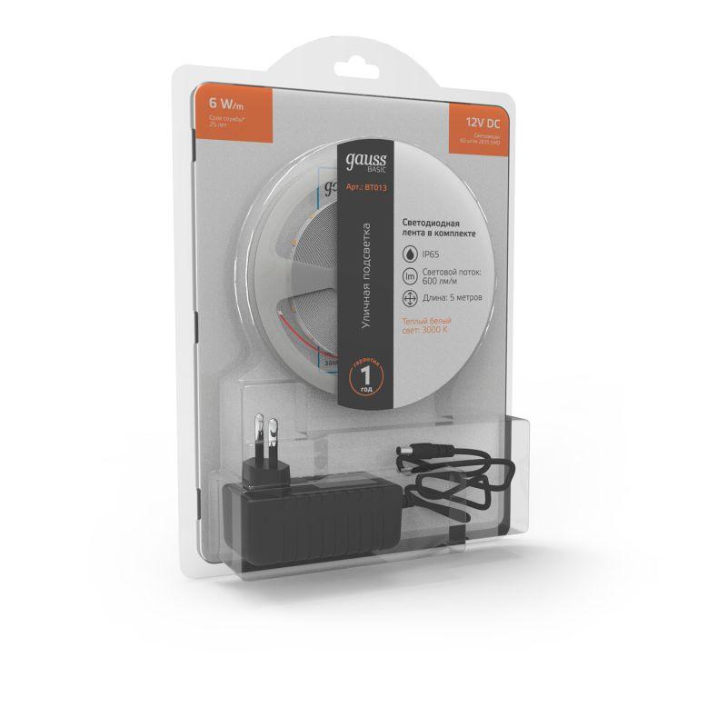  Лента светодиодная Basic 2835/60-SMD 6Вт/м 3000К тепл. бел. IP65 600лм/м 12В 8мм драйвер (уп.5м) GAUSS BT013 фото в каталоге от BTSprom.by