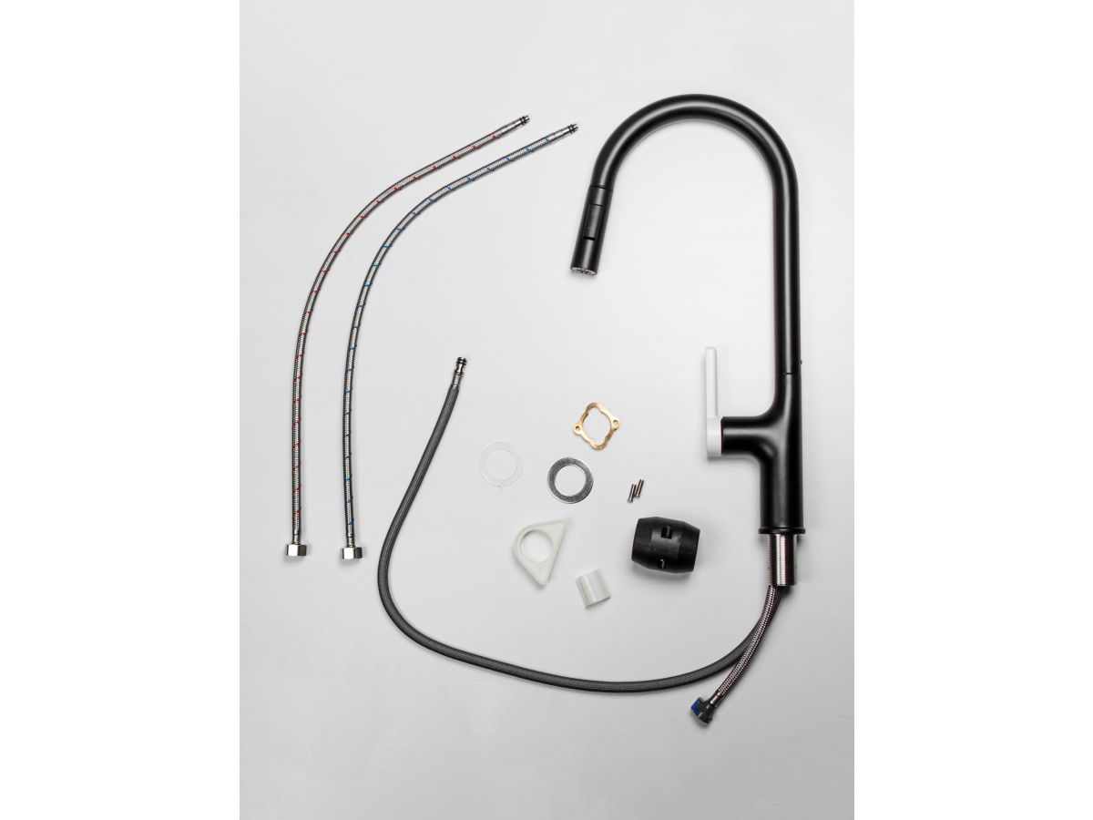  Смеситель для кухни (Lt) D35, серия Rose черный + белый, a-five (J-излив: длина 208 мм, высота 285 мм, вытягивающийся двухрежимный) A5-0825 фото в каталоге от BTSprom.by