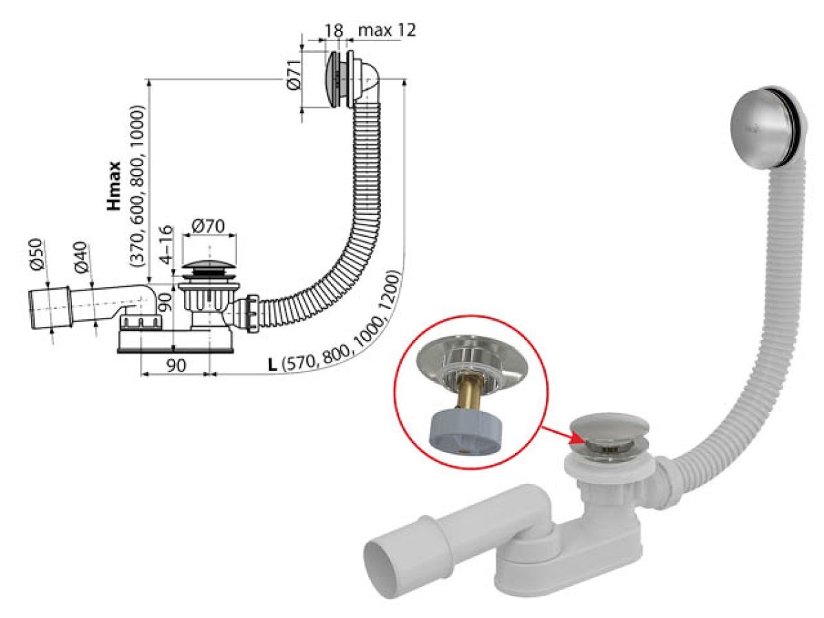 сифон для ванны click/clack металл, alcaplast a507ckm от BTSprom.by