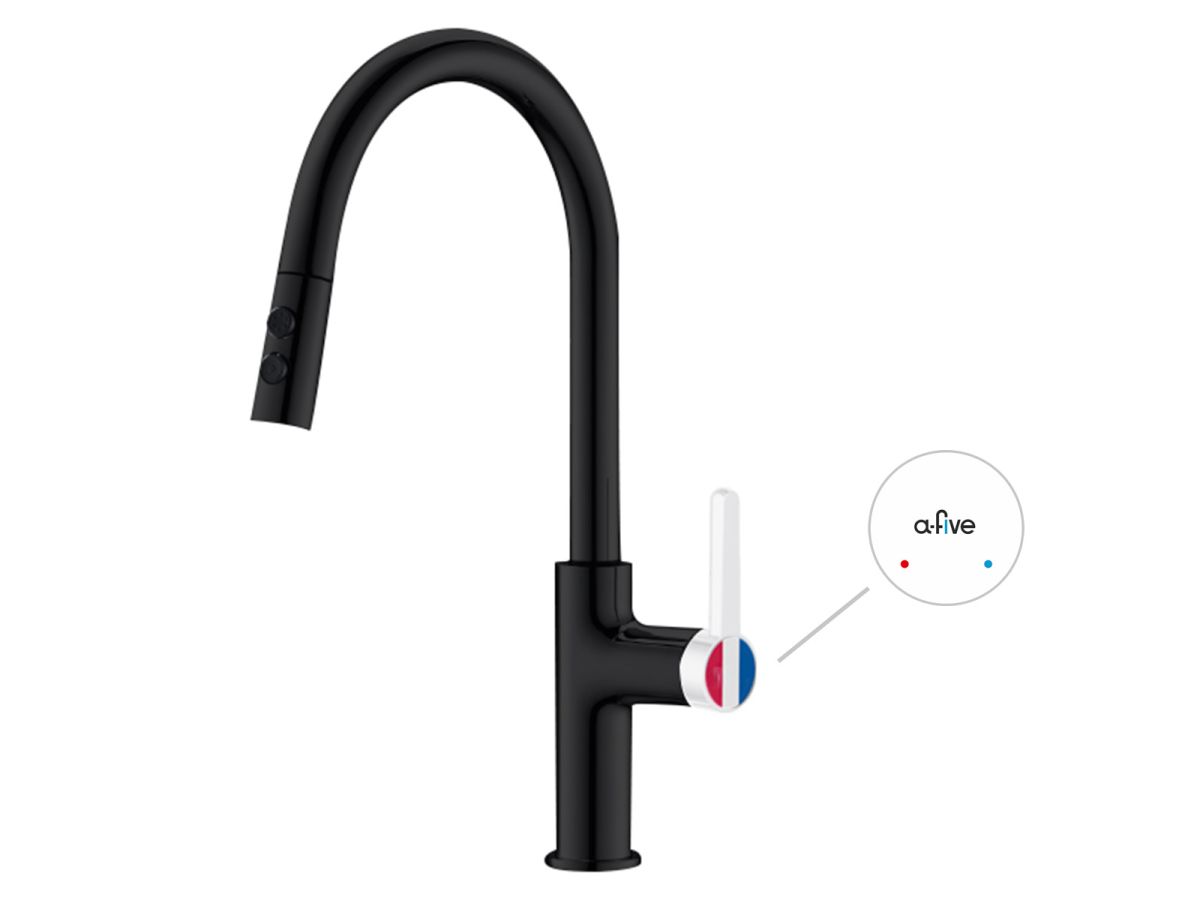  Смеситель для кухни (Lt) D35, серия Rose черный + белый, a-five (J-излив: длина 208 мм, высота 285 мм, вытягивающийся двухрежимный) A5-0825 фото в каталоге от BTSprom.by