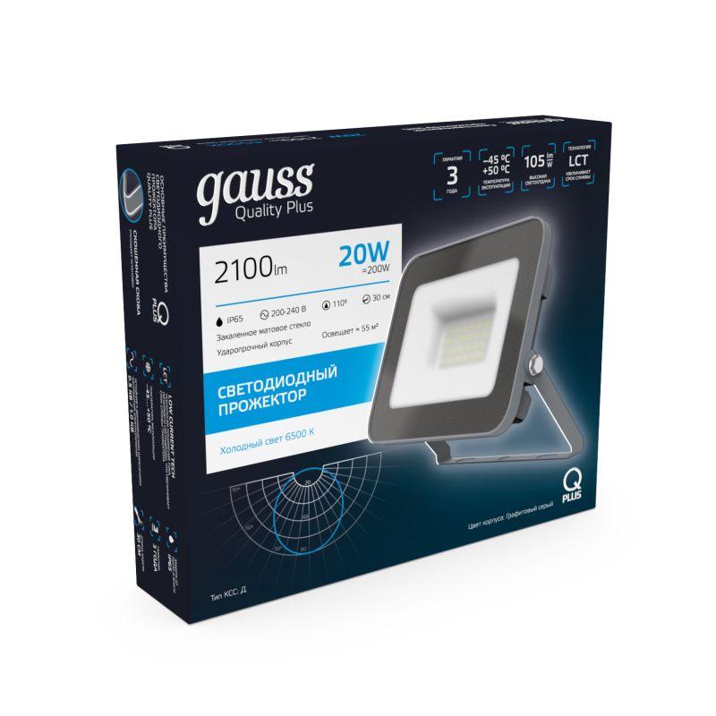  Прожектор светодиодный Qplus 20Вт 6500К IP65 2100лм 200-240В ДО графит. GAUSS 690511320 фото в каталоге от BTSprom.by