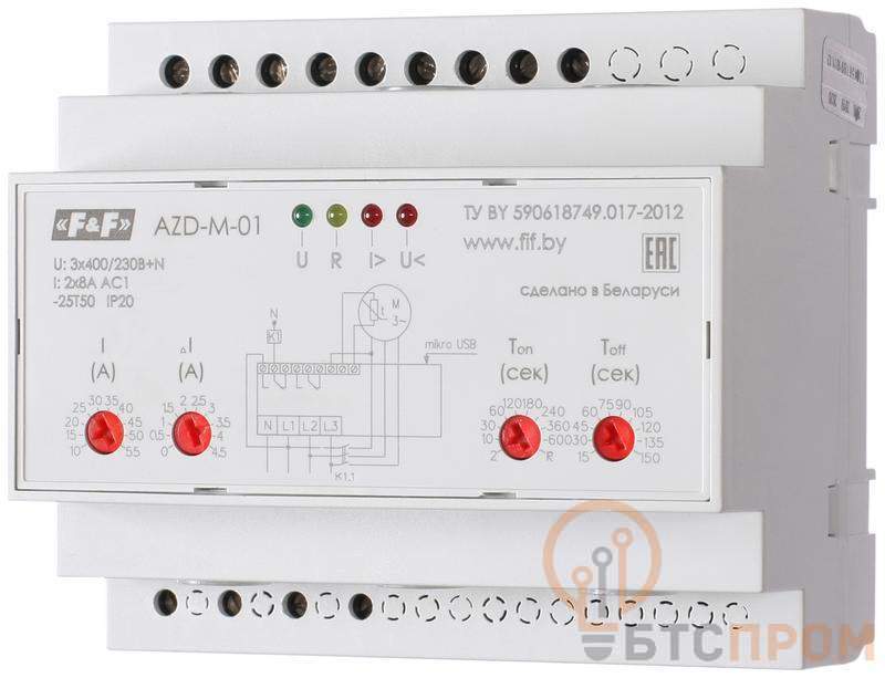  Автомат защиты электродвигателей AZD-M исп.1 10-59.5 А микропроцессорн. защита трехфазн. двигателей до 30кВт с транс. тока более 30кВт USB порт. 3х400/230+N 2х8А 2х1P IP20 F&F EA05.004.001 фото в каталоге от BTSprom.by