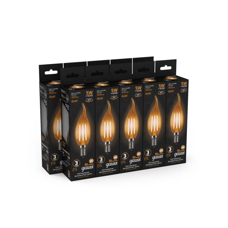 Лампа светодиодная филаментная Black Filament 5Вт свеча на ветру золотая 2700К тепл. бел. E14 400лм GAUSS 104801005 фото в каталоге от BTSprom.by