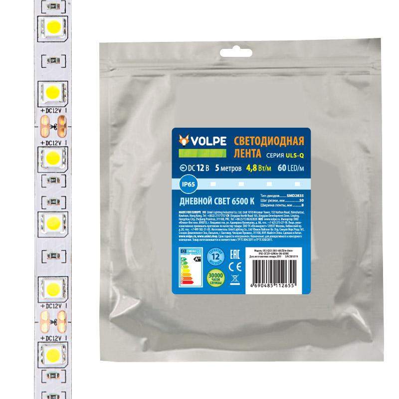 лента светодиодная гибкая uls-q323 2835-60led/m-8mm-ip65-dc12v-4.8вт/m-5m-3000k на самоклеящейся основе (уп.5м)volpe ul-00004533 от BTSprom.by