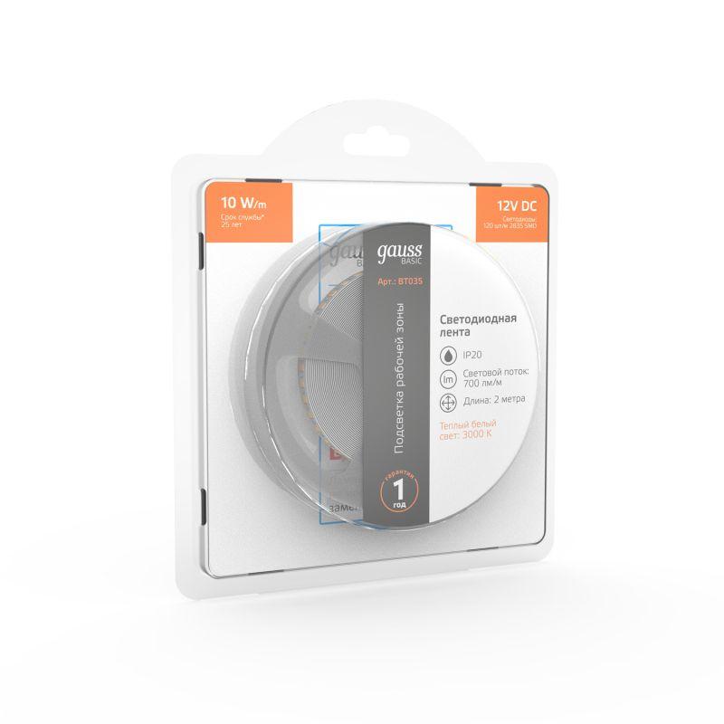  Лента светодиодная Basic 2835/120-SMD 10Вт/м 3000К тепл. бел. IP20 700лм/м 12В 8мм (уп.2м) GAUSS BT035 фото в каталоге от BTSprom.by