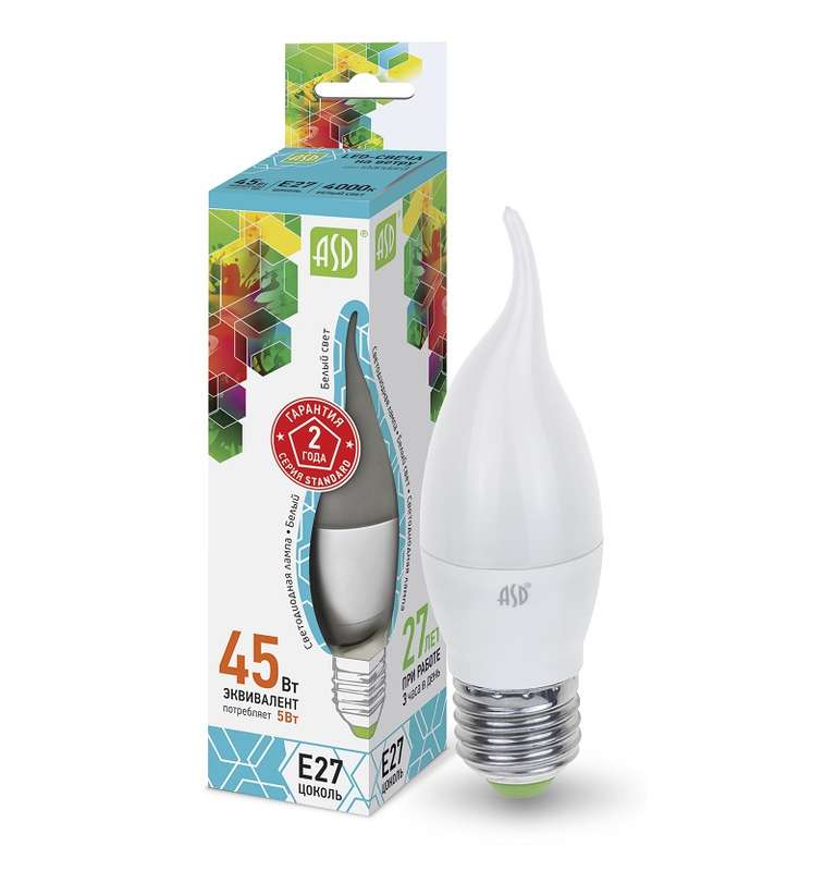 лампа светодиодная led-свеча на ветру-standard 5вт свеча на ветру 4000к нейтр. бел. e27 450лм 160-260в asd 4690612004549 от BTSprom.by