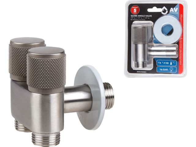 кран вентильный угловой 1/2" нар. х 1/2" нар. х 1/2" нар. установочный, av engineering (нерж. сталь, макс.  16 бар, макс.  110 °с) ave258001 от BTSprom.by