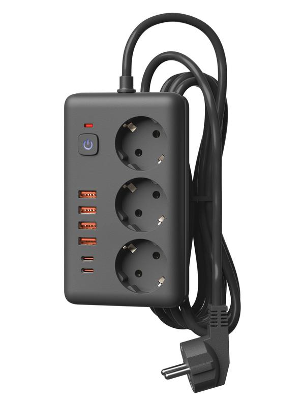 удлинитель с сетевым фильтром 3х3м 10а 4usb + 2usbc 2500вт пвс 3х1 прямоуг. черн. космос fksm3m-3gpf(b)usb от BTSprom.by