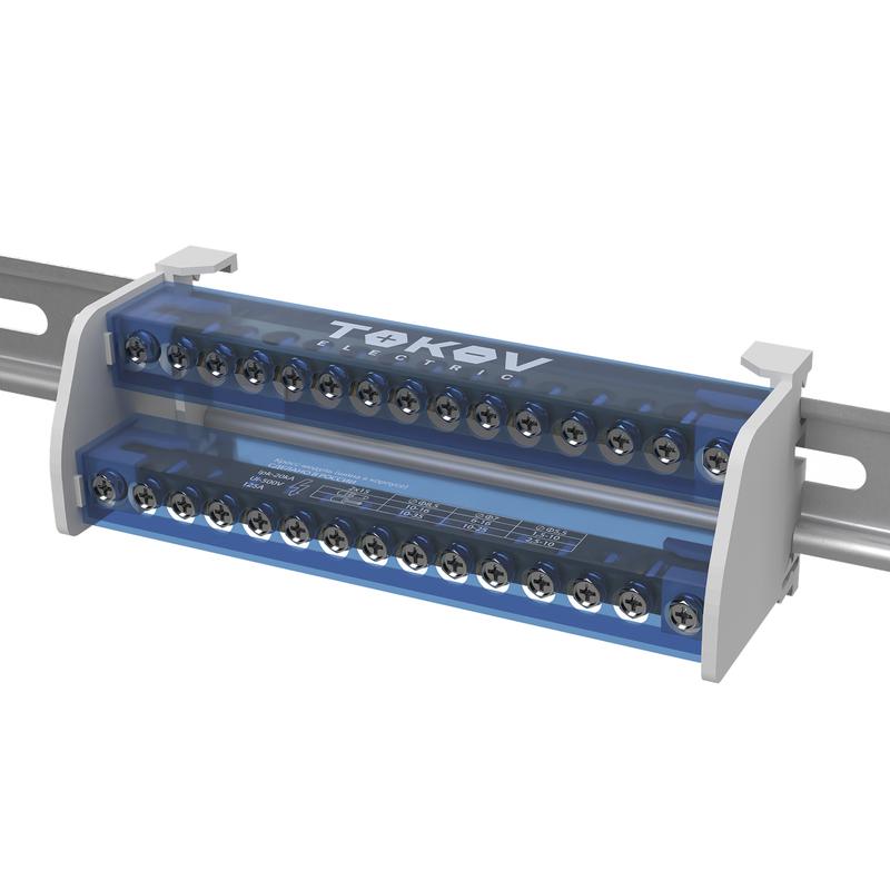 шина на din-рейку в корпусе (кросс-модуль) 2 группы по 15 отверстий 125а tokov electric tke-dbtb-125-2-15/l+pen от BTSprom.by
