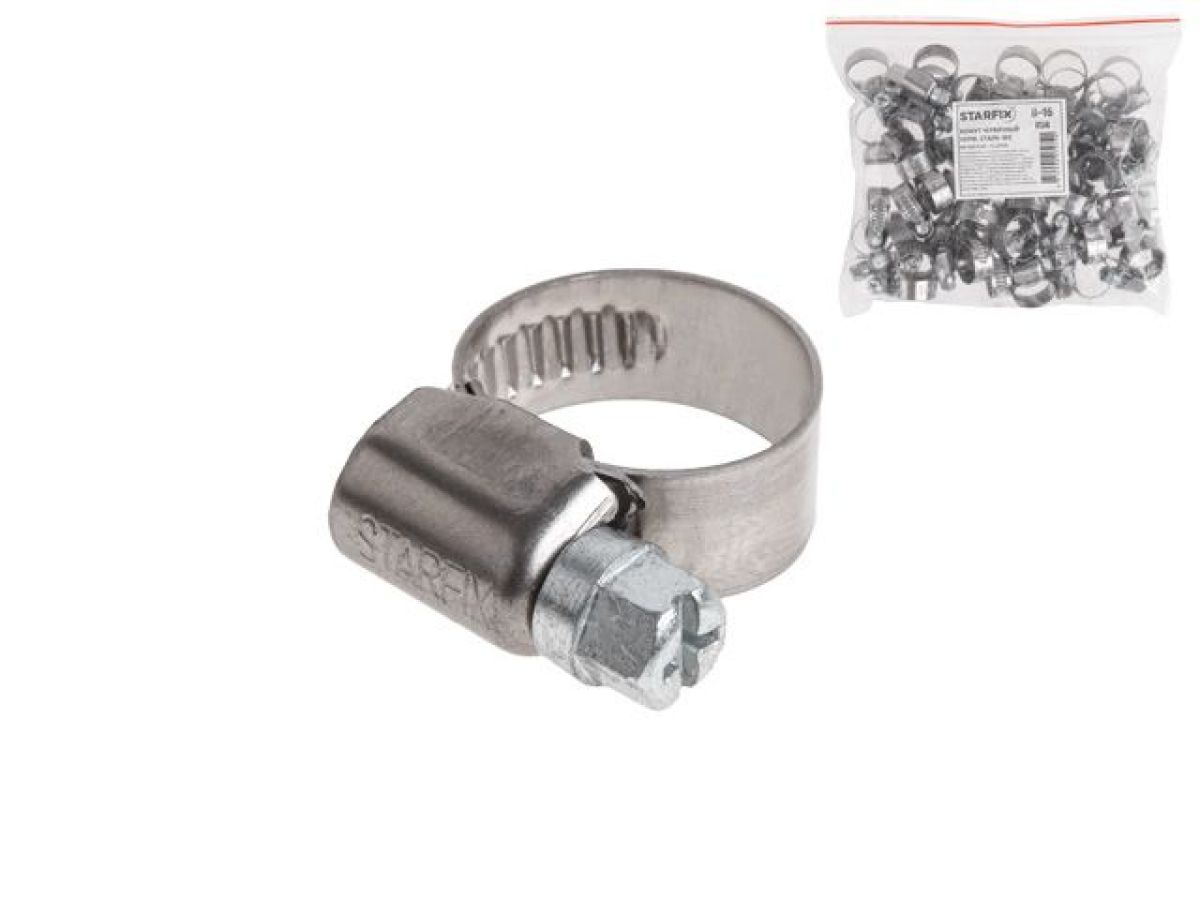 хомут червячный 16-27 мм, нерж.сталь (w2) (50 шт в пакете) starfix sm-63959-50 от BTSprom.by