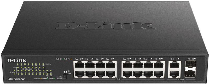 коммутатор неуправляемый des-1018mpv2/a1a 16х100мбит 2g 16poe+ 247вт d-link 1819219 от BTSprom.by