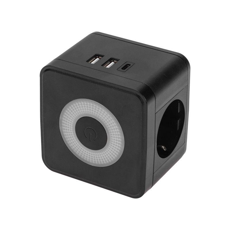 двойник электрический куб 16а с/з+2хusb-a 2.4а+usb type-c 3а с ночной подсветкой черн. rexant 11-1252 от BTSprom.by