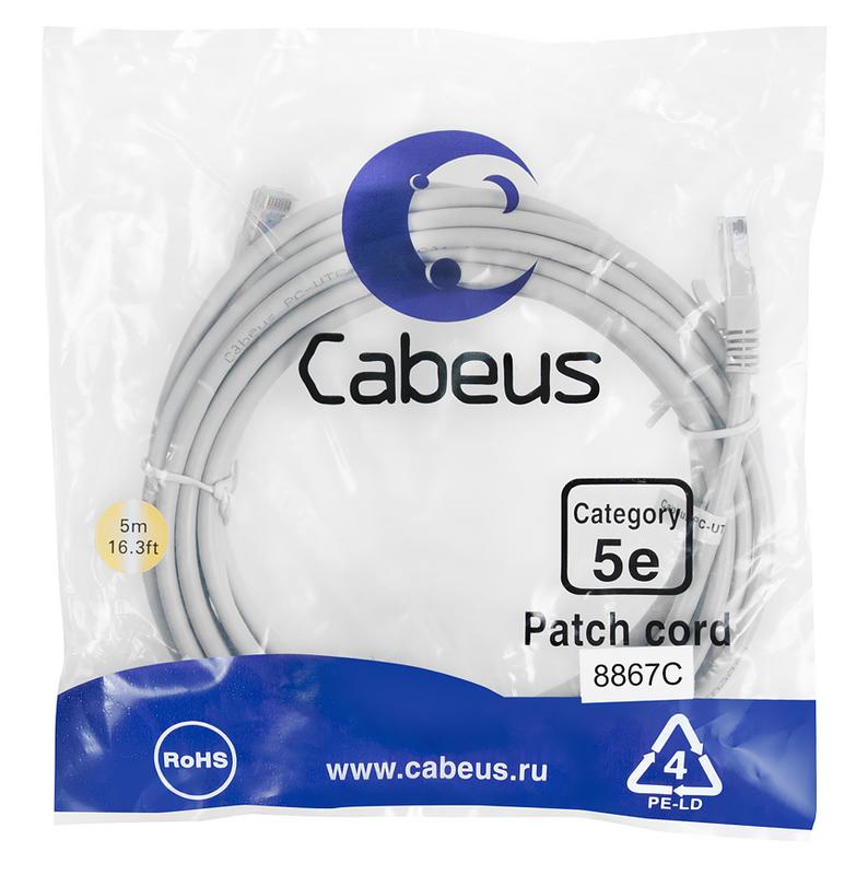 патч-корд u/utp кат.5e pc-utp-rj45-cat.5e-5m-lszh 2хrj45/8p8c неэкранир. lszh 5м сер. cabeus 8867c от BTSprom.by