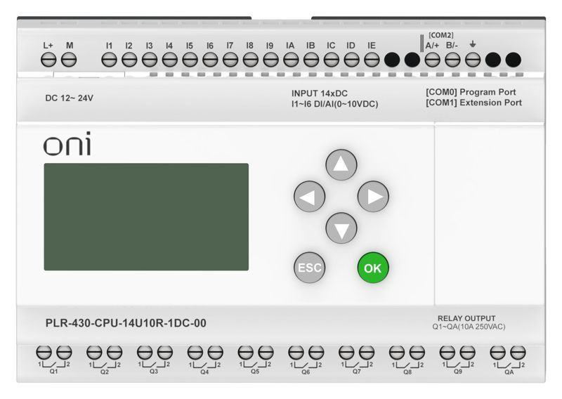  Модуль ЦПУ ПЛК 430 8 DI 6 UI (0-10В/DI) 10 RO 24В DC с экраном ONI PLR-430-CPU-14U10R-1DC-00 фото в каталоге от BTSprom.by