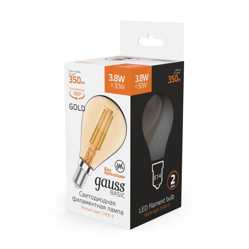 Лампа светодиодная филаментная Basic Filament 3.8Вт Шар 2400К Е14 350лм golden GAUSS 1057154 фото в каталоге от BTSprom.by