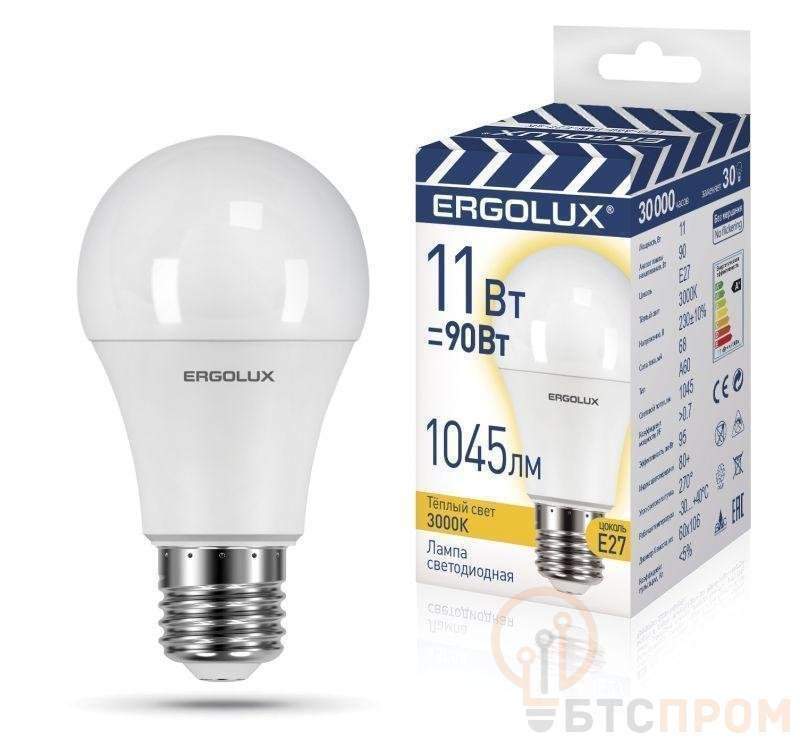 лампа светодиодная led-a60-11w-e27-3k 11вт грушевидная 3000к тепл. бел. e27 180-240в лон промо ergolux 14458 от BTSprom.by