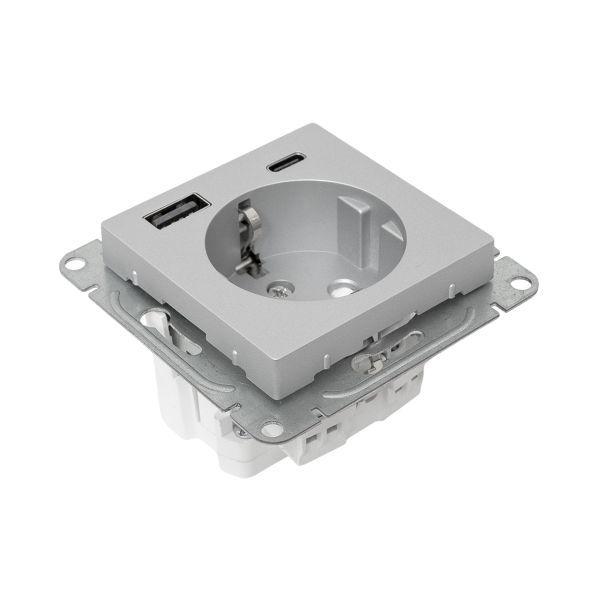  Розетка СП Эпика 16А с 2 USB-A+С с заземл. защ. шторки механизм алюм. EKF UP1-SOA-111-USBA+USBC фото в каталоге от BTSprom.by