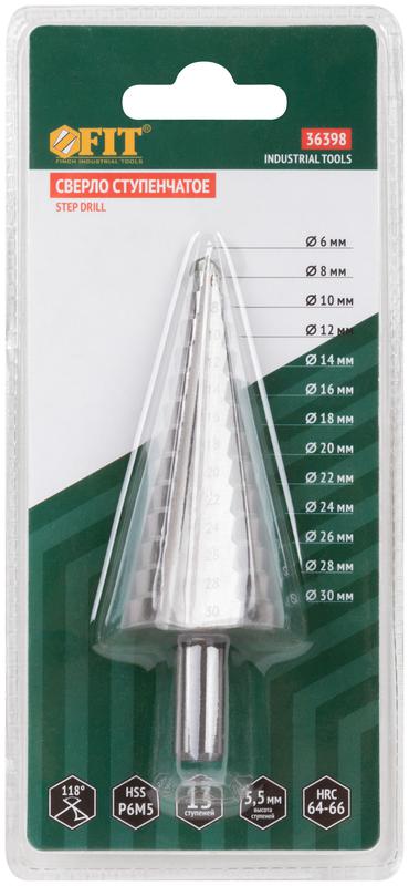  Сверло ступенчатое HSS (Р6М5) по металлу 13 ступеней 6-30мм FIT 36398 фото в каталоге от BTSprom.by