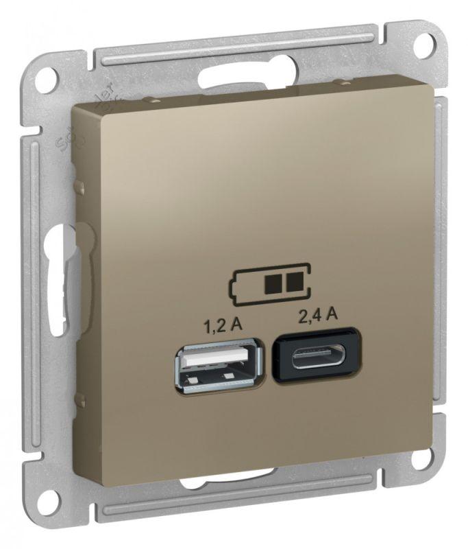 розетка usb atlasdesign тип a+c 5в/2.4а 2х5в/1.2а механизм шампань se atn000539 от BTSprom.by