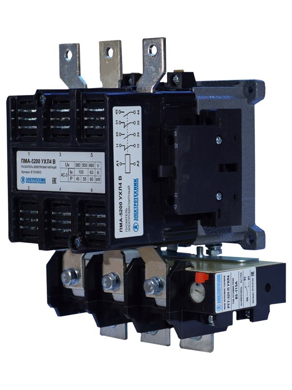 пускатель электромагнитный пма-5200 ухл4 в 100а 220в 2но+2нз ip00 нереверсивный с реле ртт-325 85-115а электротехник et010913 от BTSprom.by