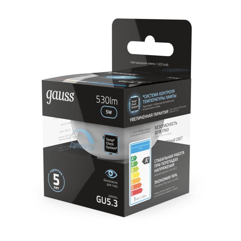 Лампа светодиодная Black 5Вт MR16 софит 4100К нейтр. бел. GU5.3 530лм диммир. GAUSS 101505205-D фото в каталоге от BTSprom.by