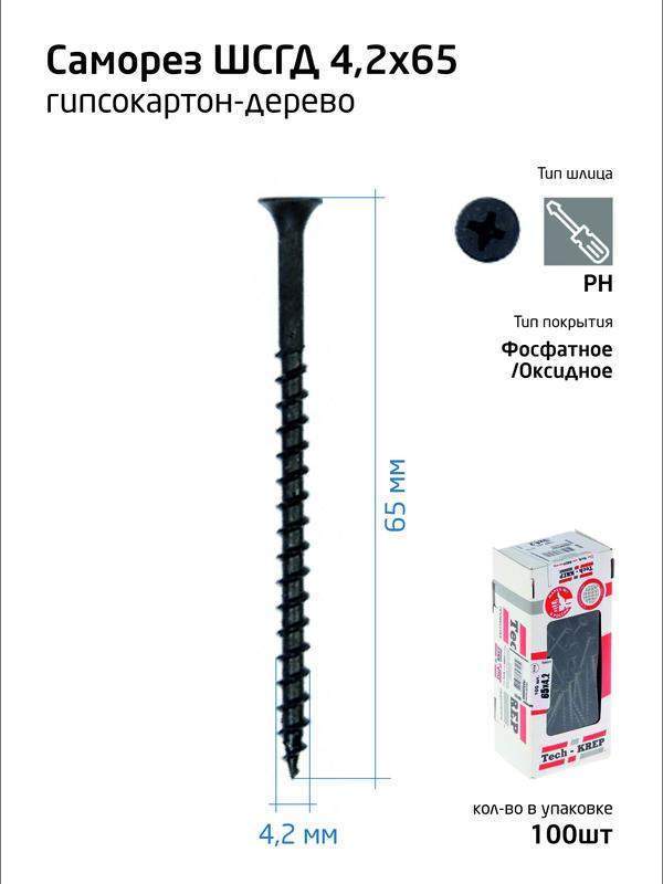 саморез 4.2х65 гипсокартон-дерево (уп.100шт) коробка tech-krep 102126 от BTSprom.by