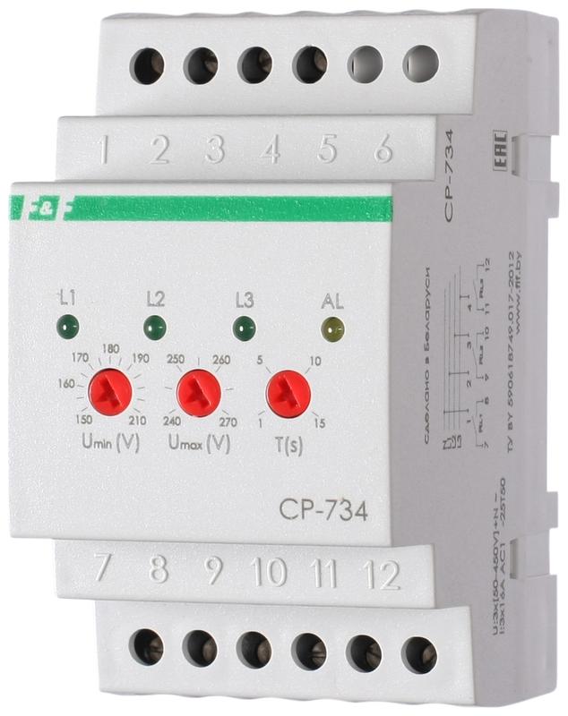 реле напряжения cp-734 (трехфазное; контроль нижнего (150-210в) и верхнего (240-270в) порога напряжения; отдельный контакт на каждую фазу; монтаж на din-рейке 35мм 3х400/230 n 3х8а 3х1r ip20) f&f ea04.009.007 от BTSprom.by