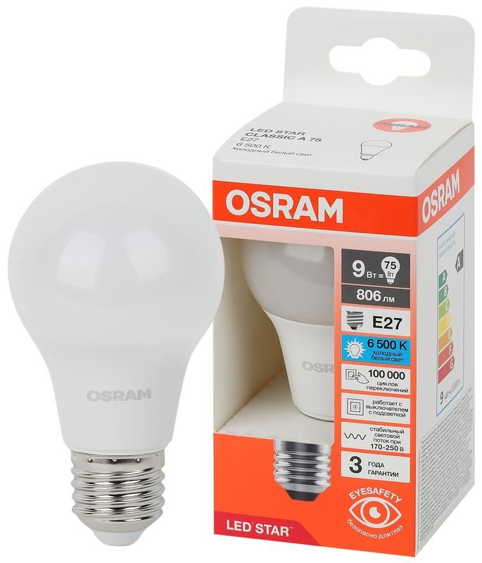 лампа светодиодная led star 9вт 6500к холод. бел. e27 806лм a угол пучка 180град. 170-250в (замена 75вт) матов. пластик osram 4058075695801 от BTSprom.by