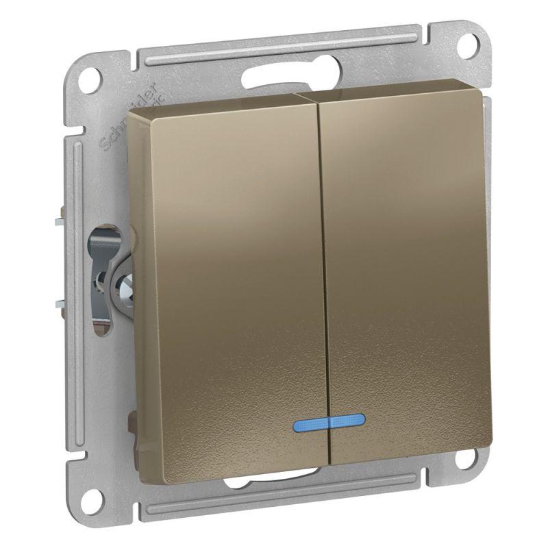 выключатель 2-кл. сп atlasdesign 10а ip20 (сх. 5а) 10ax с подсветкой механизм шампань se atn000553 от BTSprom.by