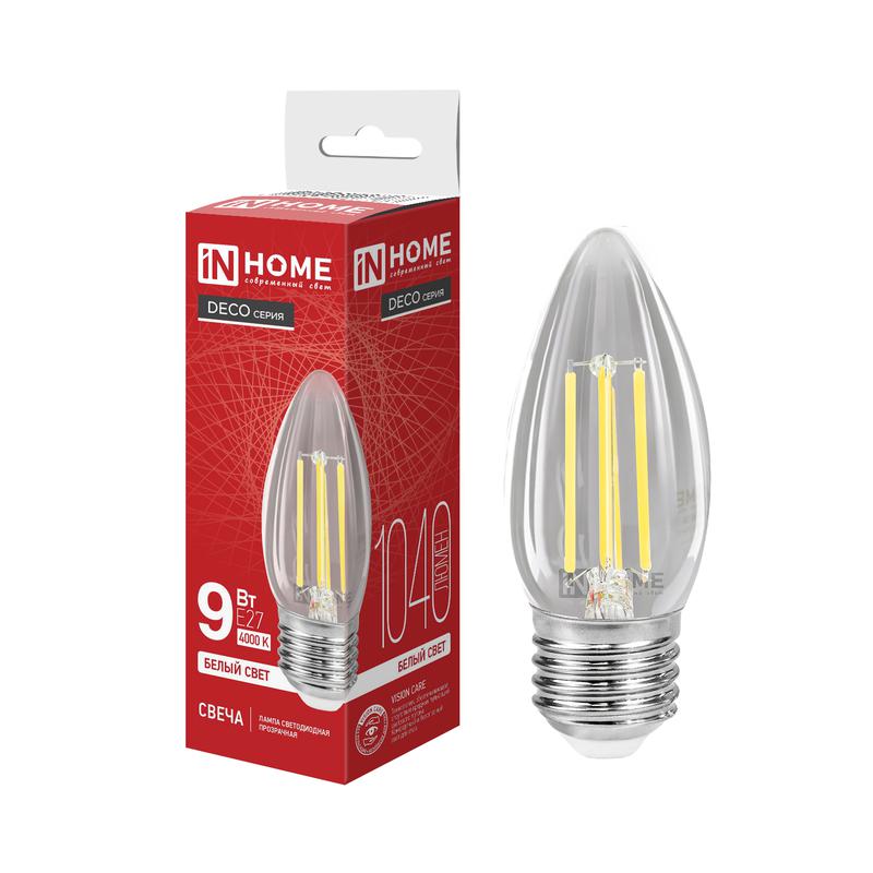 лампа светодиодная led-свеча-deco 9вт свеча прозрачная 4000к e27 1040лм 230в in home 4690612063256 от BTSprom.by