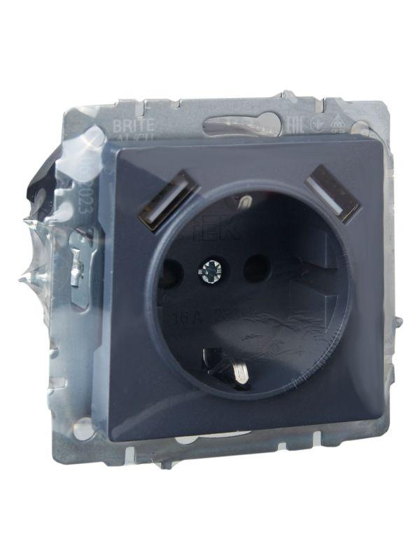  Розетка BRITE РЮш10-1-БрМ 16А с USB A+A 2.1А с заземл. защ. шторки механизм маренго IEK BR-R14-16-U21-D21-K35 фото в каталоге от BTSprom.by