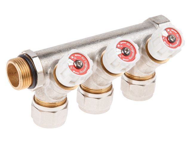 коллектор с отсекающими вентилями, 3/4" х 3 вых. (16 х 2.0), av engineering ave1132003 от BTSprom.by