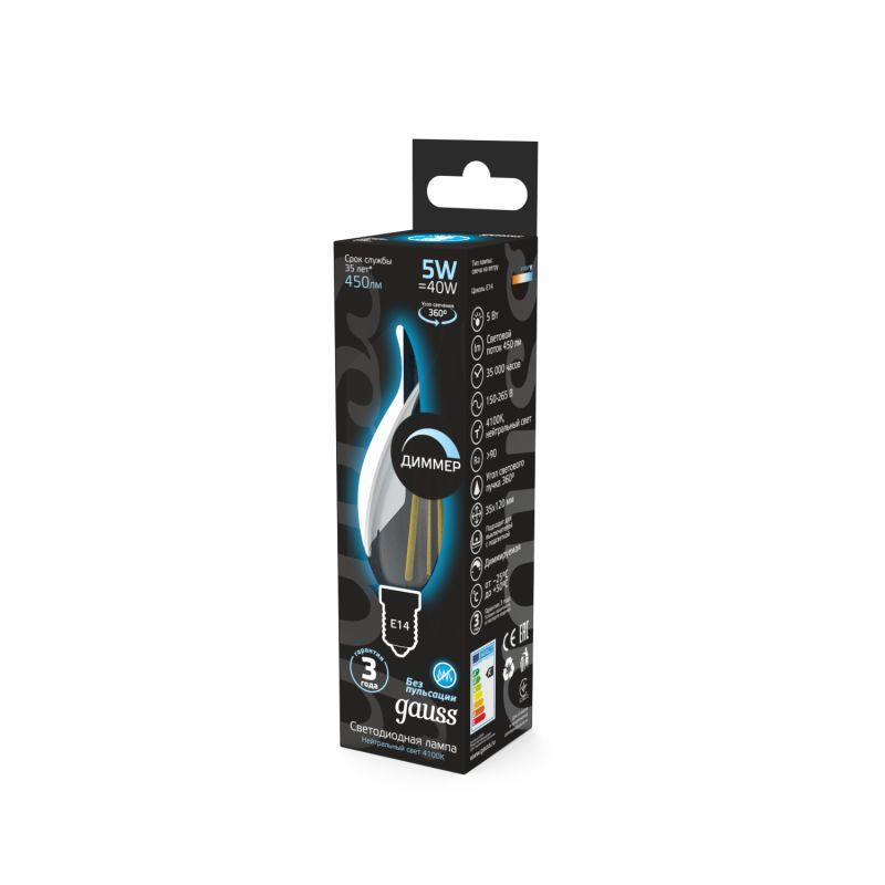 Лампа светодиодная филаментная Black Filament 5Вт свеча на ветру 4100К нейтр. бел. E14 450лм диммир. GAUSS 104801205-D фото в каталоге от BTSprom.by