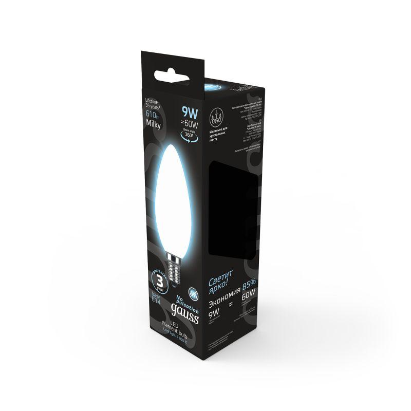 Лампа светодиодная филаментная Black Filament 9Вт свеча матовая 4100К нейтр. бел. E14 610лм GAUSS 103201209 фото в каталоге от BTSprom.by
