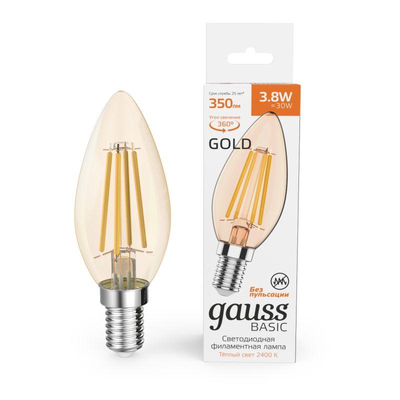 лампа светодиодная филаментная basic filament 3.8вт свеча 2400к е14 350лм golden gauss 1037154 от BTSprom.by