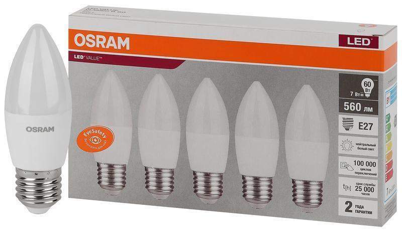 лампа светодиодная led value lvclb60 7sw/840 7вт свеча матовая e27 230в 2х5 ru (уп.5шт) osram 4058075578043 от BTSprom.by