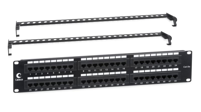 патч-панель 19дюйм 2u 48 портов rj45 кат.6a dual idc с задн. кабельн. организатором cabeus 7652c от BTSprom.by