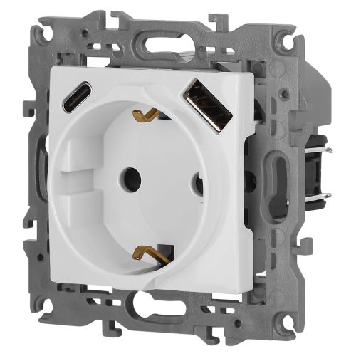  Розетка Elegance 14-4108-01 16A 250В 2P+E защ. шторки с USB type-A+C 3А 5В белый Эра Б0067736 фото в каталоге от BTSprom.by